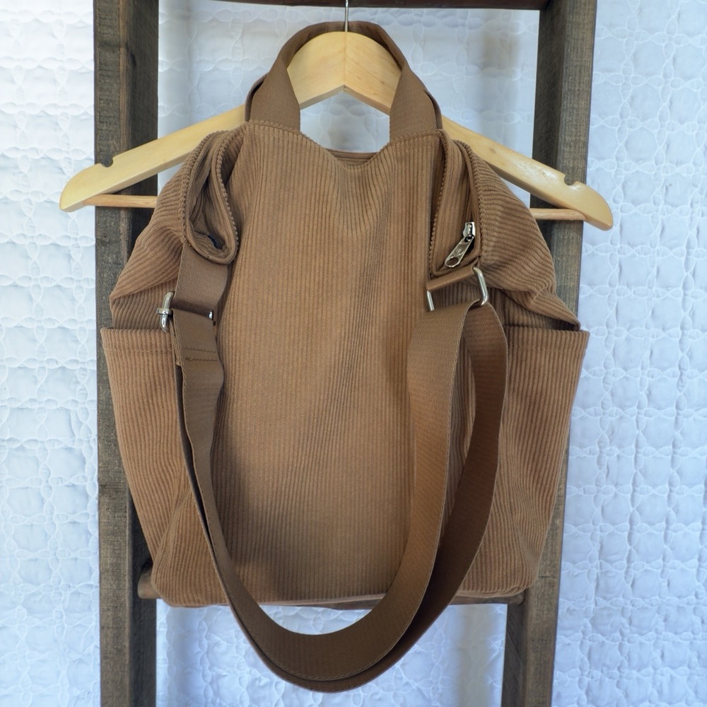 Kalidi Brown Corduroy Tote Bag Adjustable Strap Top Handle Zipper Closure Pocket